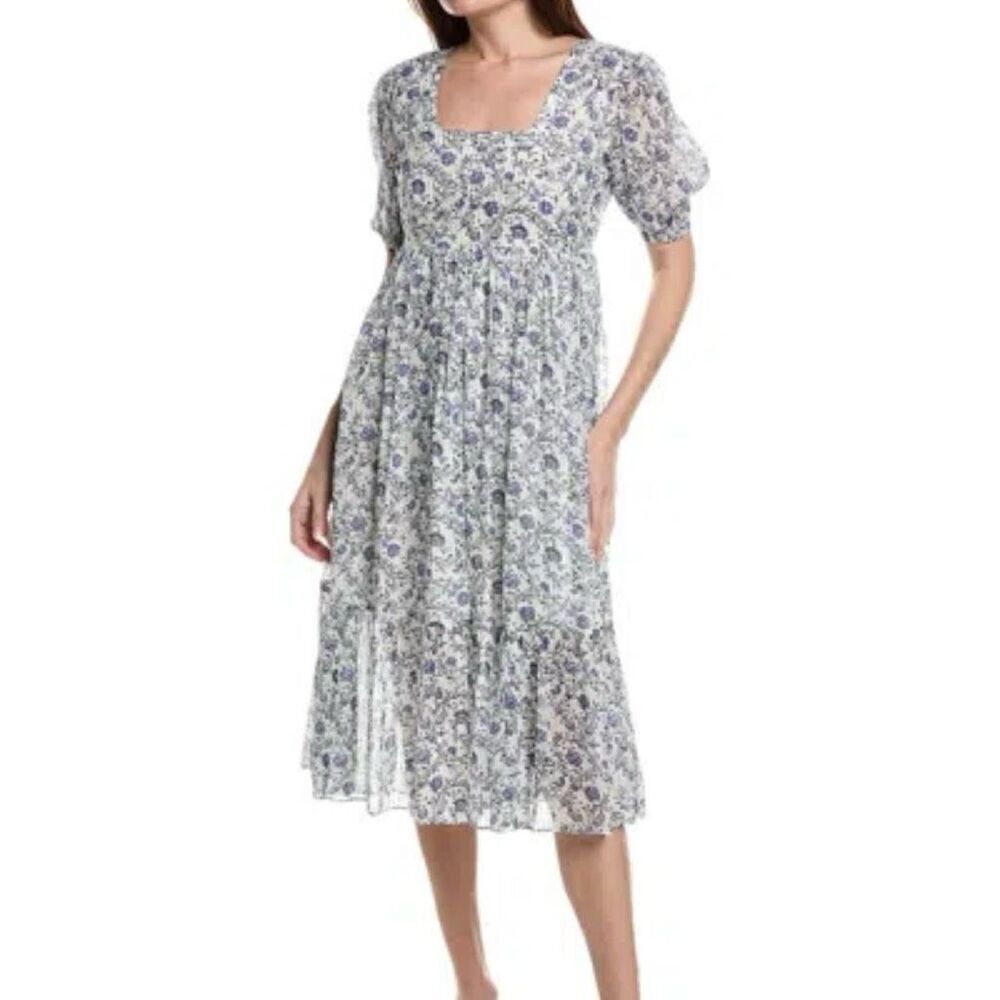 Garrie B blue floral square neck puff sleeve midi dress size M